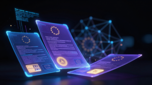 Holographic EU AI Act compliance documents with watermark seals and neon data streams – August 2026 enforcement